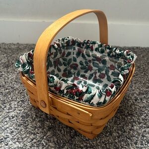 Longaberger Basket Handwoven Lined Cloth Holly Print Liner Protector Woven Small